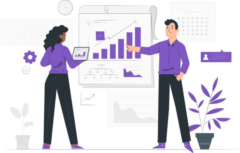 Dos profesionales analizando métricas de crecimiento durante una auditoría SEO gratuita